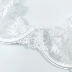 Close-up of white floral lace lingerie detailing with a small satin bow and mesh texture