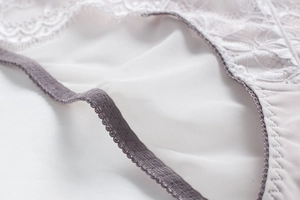 Detail der Lavendel-Spitzenstickerei und des feinen Netzgewebes am Damen-Hüftslip