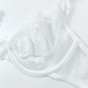 Close-up of white lace bra showing fine mesh embroidery and U-shaped underwire support