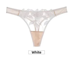Macro detail of white floral embroidery on sheer mesh lace thong for women