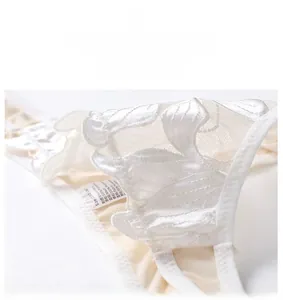 Detail of white floral embroidery lace and elastic waistband on thin mesh thong