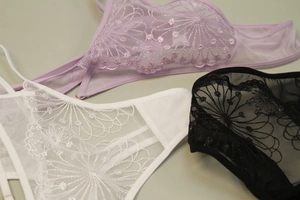 Close-up of floral lace texture and sheer mesh on sexy embroidered lingerie set