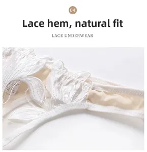 Close-up of white lace embroidery and fine mesh fabric on these sexy low-rise panties