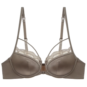 Satin lace bra in champagne brown with front closure and elegant back design