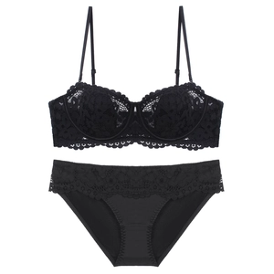 French Style Sexy Floral Lace Lingerie Set For Women Thin Half Cup Wireless Push Up Breathable Bra And Panty