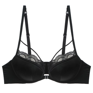 French style front closure black lace bra with smooth fabric and cross back straps