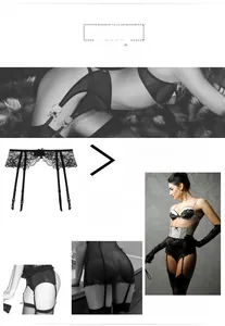 Close-up of black lace garter belt with mesh detail, metal clips and small bows
