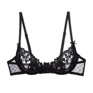 Soutien-gorge en dentelle noire brodée avec motifs floraux et détails en tulle à pois