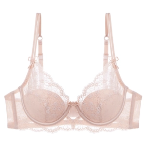 Sujetador de encaje rosa nude con bordado floral, soporte con aros y lazos