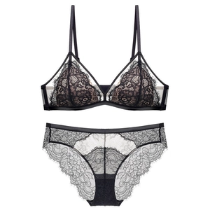 Conjunto de lencería de encaje negro estilo francés con sujetador triangular sin aros