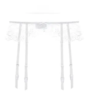 Detailed view of white floral lace garter belt with adjustable straps and bow detail