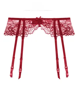 Detailed view of wine red floral lace garter belt with adjustable straps and bow accent