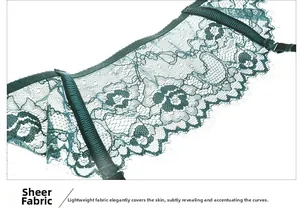 Detail of dark green floral eyelash lace fabric with sheer lightweight texture