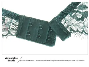 Detail showing dark green lace lingerie with adjustable 2-row 3-hook back closure