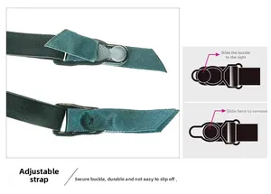 Detail of adjustable dark green lace garter strap with functional metal buckle and anti-slip clip