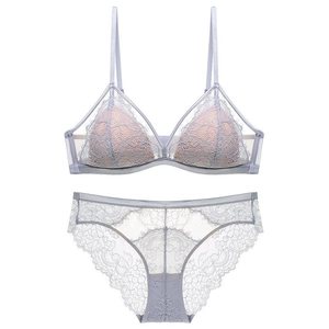 Macro detail of French lace embroidery on light blue non-wired triangle cup bra and set
