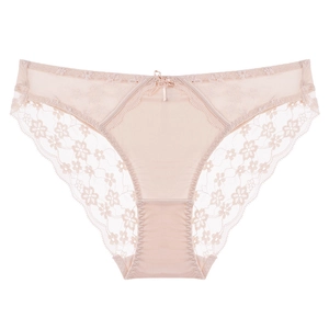 Eleganti mutandine in pizzo floreale a vita bassa da donna color beige con fiocco