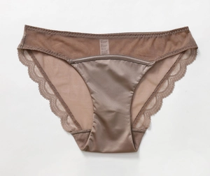 Detail of mocha brown lace and satin mesh patchwork on mid-waist women's underwear