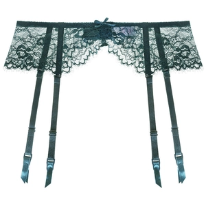 Deep green floral lace garter belt with adjustable straps and bow accent for stockings