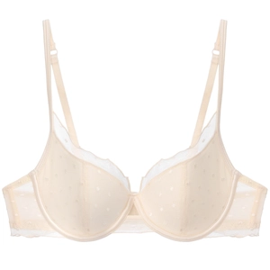 Elegant beige polka dot mesh lace bra for women with supportive underwire and double straps