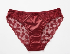 Detailed view of dark red wine floral lace panties with satin finish and bow detail