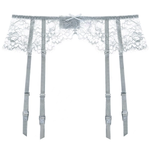 Sexy silver grey floral lace garter belt with adjustable straps and bow detail on white backdrop