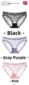 Detailed view of three sheer mesh panties with heart patterns and lace edges in multiple colors
