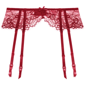 Sexy red eyelash lace garter belt with bow detail and adjustable straps on white background