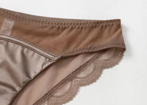 Detail of mocha brown satin and eyelash lace lingerie with silky finish and mesh texture