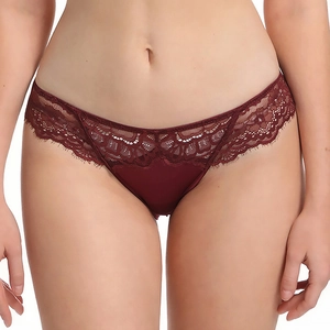 French style burgundy low-rise lace panties with silky fabric and eyelash embroidery
