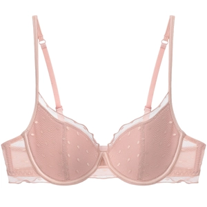 Pink French style polka dot mesh lace bra with underwire and adjustable straps for women