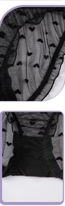 Macro detail of black lace panties with mesh texture and velvet heart patterns