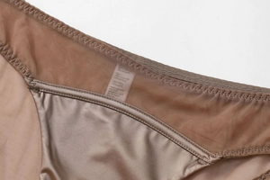 Detailed close-up of bronze satin and sheer mesh fabric on women's lace panties