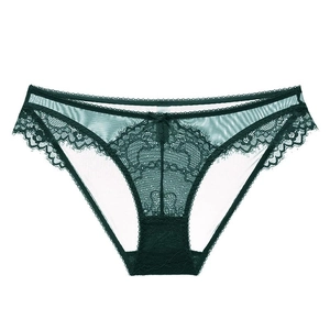 Culotte sexy en dentelle vert foncé pour femmes avec résille et nœud en satin