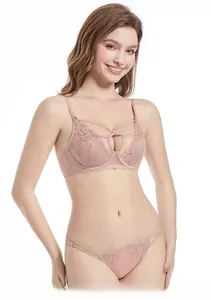 Close-up of pink embroidered lace lingerie set with breathable hollow-out floral details