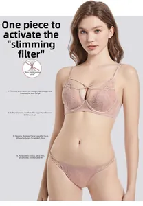 Detail of light pink lace lingerie set with soft underwire and cross straps on model