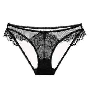 Culotte sexy en dentelle noire pour femme avec tulle transparent et broderie florale