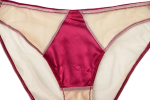 Dettaglio ravvicinato di slip rosso vino con pannelli in rete e cuciture a zig-zag eleganti