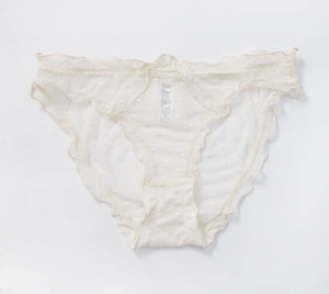 Dettaglio di slip in rete bianca con pois e bordo in pizzo a conchiglia