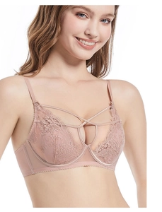 Close-up of nude lace bra featuring embroidery cups and front cross-strap detailing