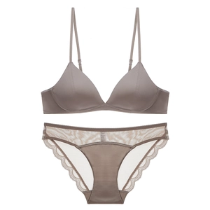 Detail of coffee brown wire-free triangle bra set with sheer lace and silk satin fabric