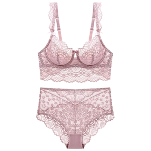 Elegant thin lace lingerie set in pale pink featuring floral patterns and high waist panty