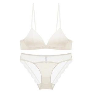 Close-up of beige triangle bralette set featuring sheer mesh side panels and lace trim