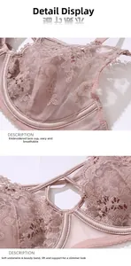 Detailed close-up of floral embroidery lace and soft underwire on a dusty pink bra