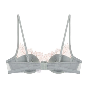 Lace bra in light greyish green with delicate pink eyelash trim and adjustable straps