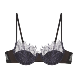 Elegant French eyelash lace bra with underwire support and floral mesh in purple and black