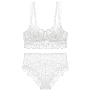 Elegant white lace lingerie set featuring sheer floral bra and high-waist panty set