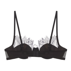 Back view of black eyelash lace bra featuring adjustable straps and breathable mesh wings
