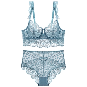 Morandi blue lace lingerie set with sheer floral embroidery and bow details