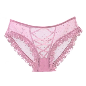 Mutandine di pizzo malva a pois con design a nastri incrociati e bordi in rete a onde
